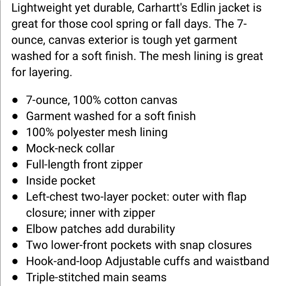 Carhartt Edlin Cotton Canvas Jacket- Mesh Lined - Picture 8 of 10